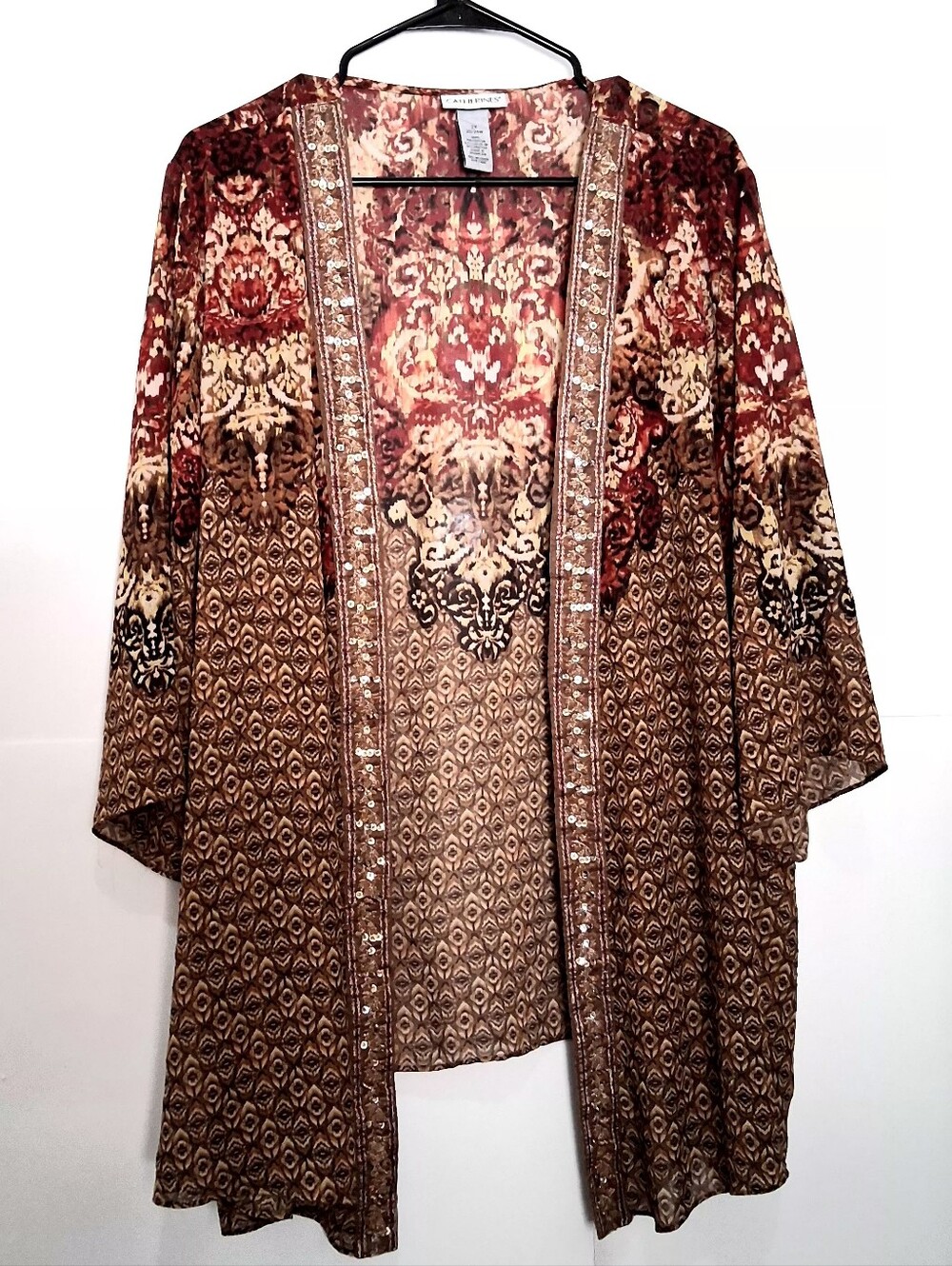 CATHERINES Red, Brown and Gold Sequined Boho Kimono Size 2X Fit Up To 3X